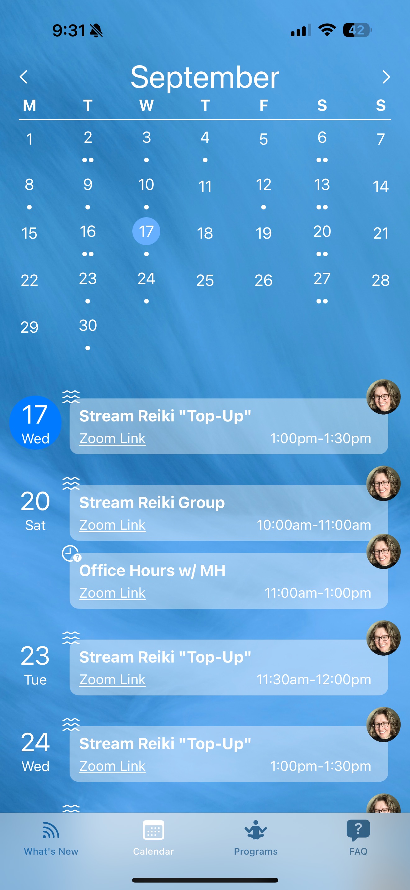 Calendar view showing Reiki sessions